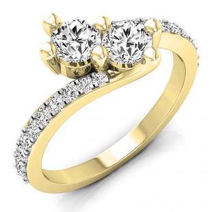 1.50 Carat (ctw) 10K Yellow Gold Round White Cubic Zirconia CZ Ladies Two Stone Bypass Style Bridal Engagement Ring 1 1/2 CT
