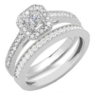 0.65 Carat (ctw) 10K White Gold Princess & Round Cut White Diamond Ladies Bridal Halo Style Engagement Ring With Matching Band Set