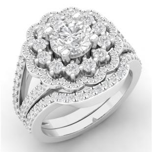 2.20 Carat (ctw) 10K White Gold Round Cut White Diamond Ladies Bridal Cluster Flower Split Shank Engagement Ring With Matching Band Set