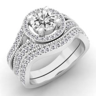 1.65 Carat (ctw) 18K White Gold Round Cut White Diamond Ladies Swirl Bridal Split Shank Halo Engagement Ring With Matching Band Set