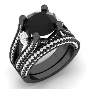 4.95 Carat (ctw) Black Rhodium Plated Sterling Silver Round White Sapphire Black & White Diamond Ladies Split Shank Bridal Engagement Ring Matching Band Set
