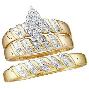 0.08 Carat (ctw) 10K Yellow Gold Round White Diamond Men's & Women's Cluster Engagement Ring Trio Bridal Set