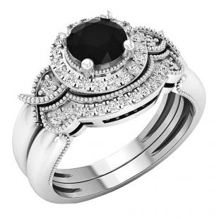 1.10 Carat (ctw) 14K White Gold Round Black & White Diamond Ladies Milgrain Bridal Halo Engagement Ring With Matching Band Set 1 CT