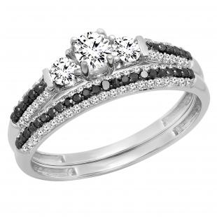 0.90 Carat (ctw) 10K White Gold Round White Sapphire Black & White Diamond Ladies 3 Stone Bridal Engagement Ring Set