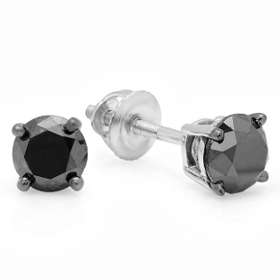 1.50 Carat (ctw) Sterling Silver Round Cut Black Diamond Ladies Stud Earrings 1 1/2 CT