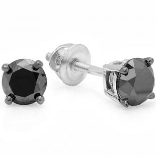 2.00 Carat (ctw) 10K White Gold Round Cut Black Diamond Ladies Stud Earrings 2 CT