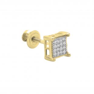 Round White Diamond V Prong Square Hip Hop Iced Unisex 1Pc Stud Earring (0.03 ctw, Color I-J, Clarity I2-I3) in 10K Yellow Gold in Screw Back