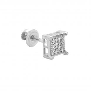 Round White Diamond V Prong Square Hip Hop Iced Unisex 1Pc Stud Earring (0.03 ctw, Color I-J, Clarity I2-I3) in 925 Sterling Silver in Screw Back