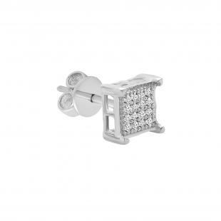 Round White Diamond V Prong Square Hip Hop Iced Unisex 1Pc Stud Earring (0.03 ctw, Color I-J, Clarity I2-I3) in 925 Sterling Silver in Push Back