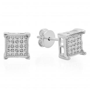 0.06 Carat (ctw) Sterling Silver White Diamond V Prong Square Mens Hip Hop Iced Push Back Stud Earrings