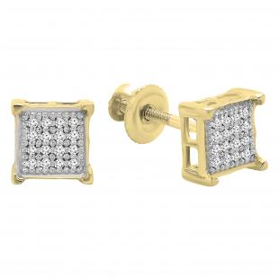 0.06 Carat (ctw) Yellow Plated Sterling Silver White Diamond V Prong Square Unisex Hip Hop Iced Screw Back Stud Earrings