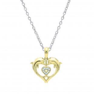 0.05 Carat (ctw) 18K Yellow Gold Round White Diamond Ladies Heart Shape Double Dolphin Pendant