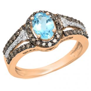 1.45 Carat (ctw) 14K Rose Gold Oval Cut Blue Topaz & Round Cut Champagne & White Diamond Ladies Halo Style Bridal Engagement Ring 1 1/2 CT