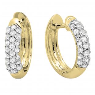 0.30 Carat (ctw) 10K Yellow Gold Round White Diamond Ladies Pave Set Huggies Hoop Earrings 1/3 CT