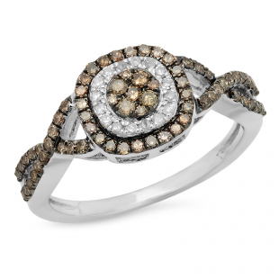0.60 Carat (ctw) 14K White Gold Round Champagne & White Diamond Ladies Cluster Style Swirl Split Shank Bridal Engagement Ring