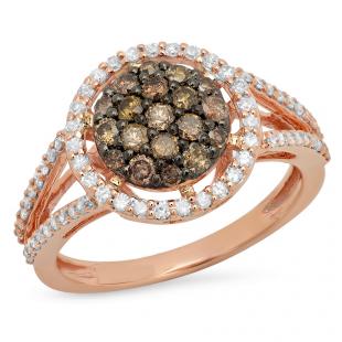 0.90 Carat (ctw) 10K Rose Gold Round Champagne & White Diamond Ladies Cluster Style Bridal Engagement Ring