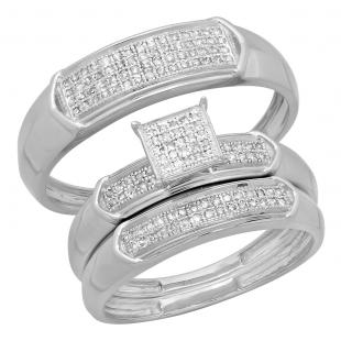 0.30 Carat (ctw) Sterling Silver Round White Diamond Men & Women's Micro Pave Engagement Ring Trio Bridal Set 1/3 CT