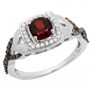 1.40 Carat (ctw) 14K White Gold Cushion Garnet & Round Champagne & White Diamond Ladies Swirl Split Shank Halo Style Bridal Engagement Ring