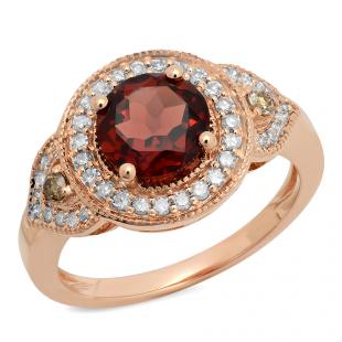2.30 Carat (ctw) 14K Rose Gold Round Garnet Champagne & White Diamond Ladies Halo Style Bridal Engagement Ring