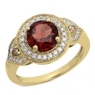 2.30 Carat (ctw) 14K Yellow Gold Round Garnet Champagne & White Diamond Ladies Halo Style Bridal Engagement Ring