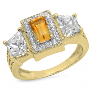 4.80 Carat (ctw) 10K Yellow Gold Emerald Cut Citrine & Tapered & Round White Cubic Zirconia CZ Ladies Halo Style Bridal Engagement Ring