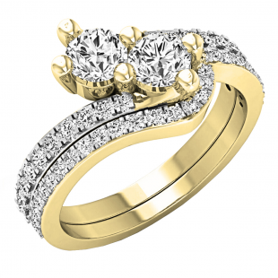 1.20 Carat (ctw) 10K Yellow Gold Round White Diamond Ladies Two Stone Bypass Style Bridal Engagement Ring Set