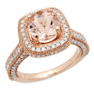 2.40 Carat (ctw) 18K Rose Gold Round Cut Morganite & White Diamond Ladies Milgrain Halo Style Bridal Engagement Ring