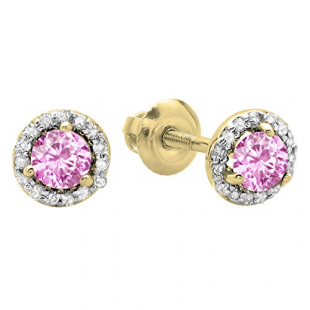 0.45 Carat (ctw) 18K Yellow Gold Round Pink Sapphire & White Diamond Ladies Halo Style Stud Earrings 1/2 CT