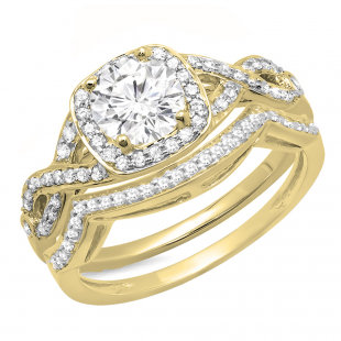 1.15 Carat (ctw) 10K Yellow Gold Round White Diamond Ladies Swirl Split Shank Halo Engagement Ring With Matching Band Set 1 CT