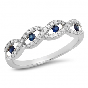 0.28 Carat (ctw) 10K White Gold Round Blue Sapphire & White Diamond Ladies Bridal Stackable Anniversary Wedding Band Swirl Ring 1/4 CT