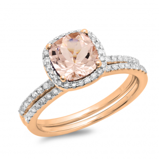 1.05 Carat (ctw) 14K Rose Gold Cushion Cut Morganite & Round Cut White Diamond Ladies Bridal Halo Engagement Ring With Matching Band Set 1 CT