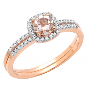 0.75 Carat (ctw) 14K Rose Gold Round Cut Morganite & White Diamond Ladies Bridal Halo Engagement Ring With Matching Band Set 3/4 CT