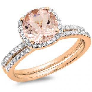 2.50 Carat (ctw) 14K Rose Gold Round Cut Morganite & White Diamond Ladies Bridal Halo Engagement Ring With Matching Band Set