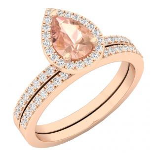 14K Rose Gold 7X5 MM Pear Morganite & Round Diamond Ladies Bridal Engagement Ring With Band Set