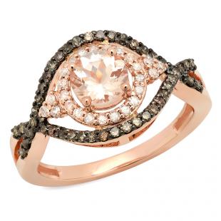 1.25 Carat (ctw) 10K Rose Gold Round Cut Morganite Champagne & White Diamond Ladies Bridal Swirl Split Shank Halo Style Engagement Ring 1 1/4 CT