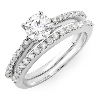 1.10 Carat (ctw) 14k White Gold Round White Diamond Ladies Bridal Engagement Ring Set