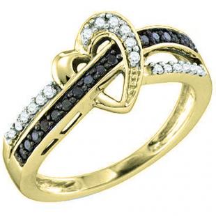 0.30 Carat (ctw) 10K Yellow Gold Round Black & White Diamond Ladies Swirl Split Shank Crossover Heart Bridal Promise Ring 1/3 CT