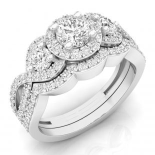 1.50 Carat (ctw) 18K White Gold Round White Diamond Ladies 3 Stone Halo Split Shank Swirl Bridal Engagement Ring With Matching Band Set 1 1/2 CT