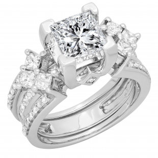 4.25 Carat (ctw) 14K White Gold Princess Cubic Zirconia & Princess & Round White Diamond Ladies Bridal Engagement Ring With Matching Band Set 4 1/4 CT