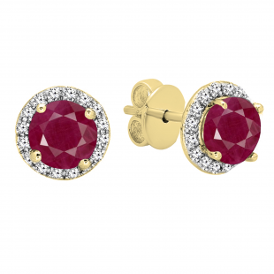 Round Ruby & White Diamond Halo Style Stud Earrings for Women (Diamond 0.21 ctw, Color I-J, Clarity I1-I2) in 14K Yellow Gold in Push Back