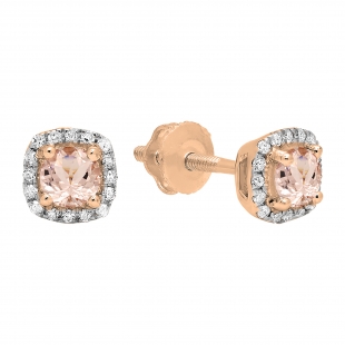 0.45 Carat (ctw) 18K Rose Gold Round Cut Morganite & White Diamond Ladies Halo Style Stud Earrings 1/2 CT