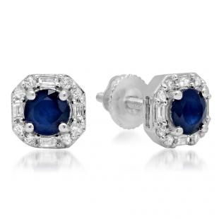 1.40 Carat (ctw) 14K White Gold Round Cut Blue Sapphire & Baguette & Round Cut White Diamond Ladies Halo Style Stud Earrings