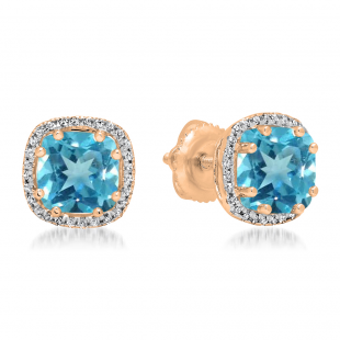 2.40 Carat (ctw) 10K Rose Gold Cushion Cut Blue Topaz & Round Cut White Diamond Ladies Halo Style Stud Earrings