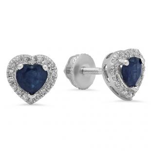 1.30 Carat (ctw) 18K White Gold Heart Cut Blue Sapphire & Round Cut White Diamond Ladies Halo Stud Earrings