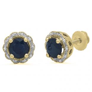 2.20 Carat (ctw) 18K Yellow Gold Round Cut Blue Sapphire & White Diamond Ladies Flower Shape Cluster Halo Style Fashion Stud Earrings