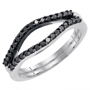 0.35 Carat (ctw) 10K White Gold Round Black Diamond Ladies Anniversary Enhancer Guard Double Ring Wedding Band 1/3 CT