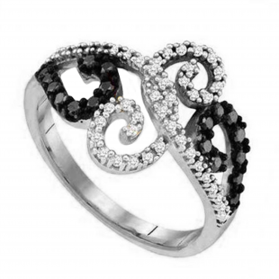 0.35 Carat (ctw) 18K White Gold Round Cut Black & White Diamond Ladies Swirl Cocktail Right Hand Ring 1/3 CT