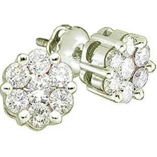 1.05 Carat (ctw) 14K White Gold Round Cut White Diamond Ladies Cluster Style Flower Stud Earrings 1 CT