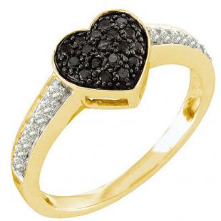 0.30 Carat (ctw) 18K Yellow Gold Round Black & White Diamond Ladies Promise Heart Engagement Ring