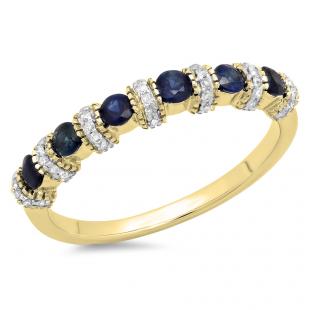 0.55 Carat (ctw) 14K Yellow Gold Round Blue Sapphire And White Diamond Ladies Bridal Stackable Wedding Band Anniversary Ring 1/2 CT